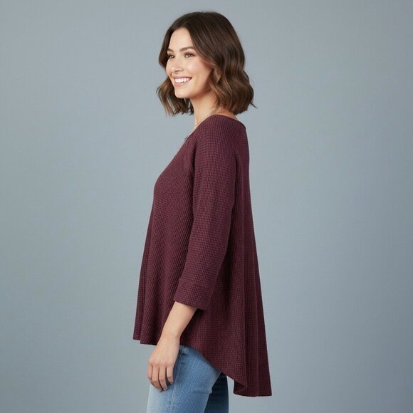 Free People Waffle Knit Tunic Top • Oversized 3/4 Sleeve Thermal Cozy Boho - Picture 4 of 14